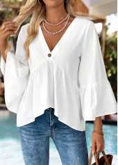 Raw White Patchwork Bracelet Sleeve V Neck Blouse