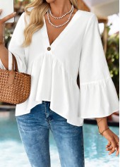 Raw White Patchwork Bracelet Sleeve V Neck Blouse | thumb picture 