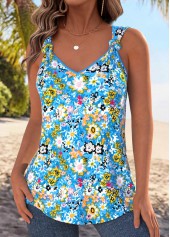 Sky Blue Tummy Coverage Floral Print Sleeveless Tank Top | thumb picture 