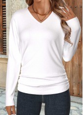 White Shirred Long Sleeve V Neck T Shirt