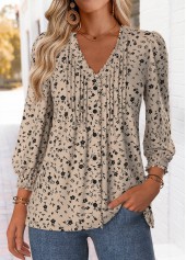 Light Camel Frill Ditsy Floral Print 3/4 Sleeve Blouse