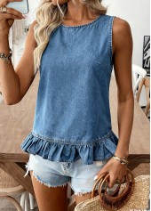 Denim Blue Tummy Coverage Sleeveless Round Neck Tank Top | thumb picture 
