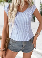 Blue Tummy Coverage Striped Sleeveless V Neck Tank Top
