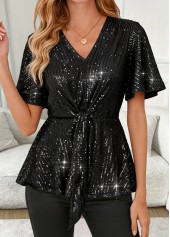 Black Peplum Short Sleeve V Neck Blouse