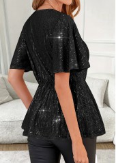 Black Peplum Short Sleeve V Neck Blouse | thumb picture 