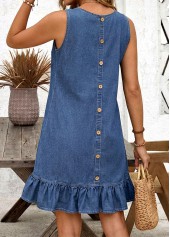 Denim Blue Button Short Sleeveless Round Neck Dress
