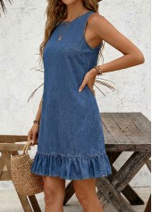 Denim Blue Button Short Sleeveless Round Neck Dress | thumb picture 
