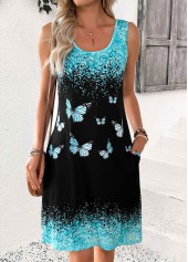 Light Blue Double Side Pockets Butterfly Print Sleeveless Dress | thumb picture 