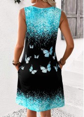 Light Blue Double Side Pockets Butterfly Print Sleeveless Dress | thumb picture 