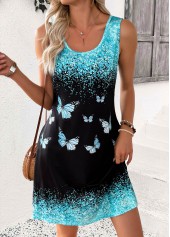 Light Blue Double Side Pockets Butterfly Print Sleeveless Dress
