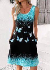 Light Blue Double Side Pockets Butterfly Print Sleeveless Dress | thumb picture 