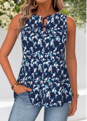 Navy Tie Floral Print Sleeveless Split Neck Tank Top