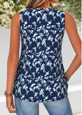 Navy Tie Floral Print Sleeveless Split Neck Tank Top | thumb picture 