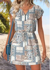 Multi Color Lace Up Patchwork Short Split Neck Dress