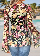 Multi Color Peplum Floral Print Long Sleeve Blouse | thumb picture 