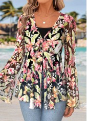 Multi Color Peplum Floral Print Long Sleeve Blouse