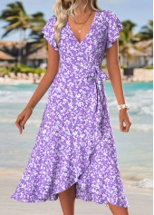 Purple Tummy Coverage Ditsy Floral Print Short Sleeve Dress