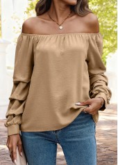 Light Camel Tummy Coverage Long Sleeve Off Shoulder Blouse | thumb picture 