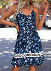 Blue Tummy Coverage Floral Print A Line Strappy Dress