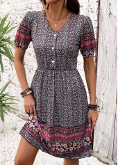Multi Color Shirred Tribal Print Short Sleeve Dress
