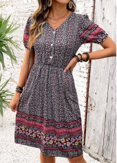 Multi Color Shirred Tribal Print Short Sleeve Dress | thumb picture 