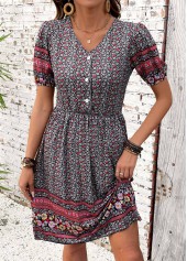 Multi Color Shirred Tribal Print Short Sleeve Dress | thumb picture 