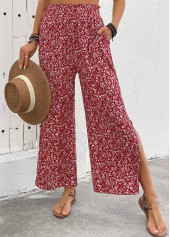 Wine Red Flowy Ditsy Floral Print Wide Leg Pants