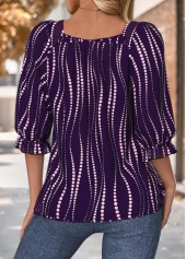 Dark Purple Patchwork Wave Pattern Print 3/4 Sleeve Blouse | thumb picture 