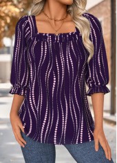 Dark Purple Patchwork Wave Pattern Print 3/4 Sleeve Blouse | thumb picture 