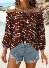 Dark Coffee Frill Tie Dye Print Long Sleeve Blouse