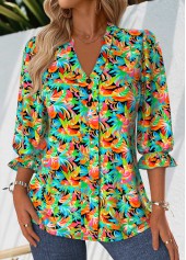 Multi Color Tummy Coverage Tropical Plants Print Blouse
