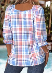 Blue Tummy Coverage Plaid 3/4 Sleeve Square Neck Blouse | thumb picture 