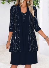 Navy Tummy Coverage Geometric Print Dress and Cardigan