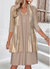 Light Camel Tummy Coverage Marble Print Dress and Cardigan
