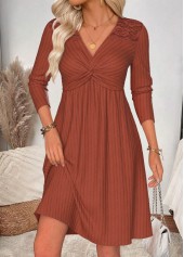 Brick Red Tummy Coverage Long Sleeve V Neck Dress