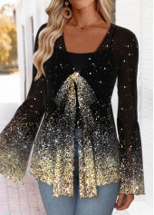 Multi Color Peplum Ombre Long Sleeve V Neck Blouse