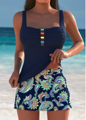 Cage Neck Mid Waisted Bohemian Print Navy Tankini Set