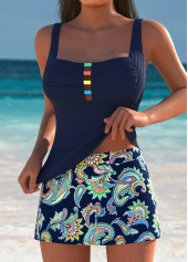 Cage Neck Mid Waisted Bohemian Print Navy Tankini Set | thumb picture 