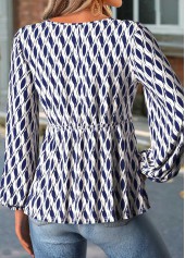 Navy Peplum Geometric Print Long Sleeve V Neck Blouse | thumb picture 