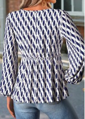 Navy Peplum Geometric Print Long Sleeve V Neck Blouse | thumb picture 