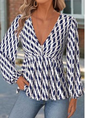 Navy Peplum Geometric Print Long Sleeve V Neck Blouse