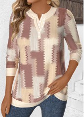Beige Fake 2in1 Geometric Print Long Sleeve Blouse