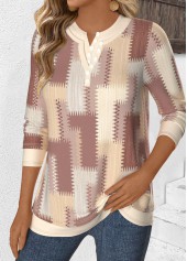 Beige Fake 2in1 Geometric Print Long Sleeve Blouse | thumb picture 