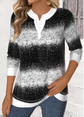 Multi Color Fake 2in1 Long Sleeve Split Neck Blouse