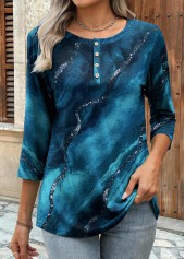 Peacock Blue Button Marble Print 3/4 Sleeve Blouse