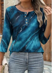 Peacock Blue Button Marble Print 3/4 Sleeve Blouse | thumb picture 
