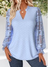 Sky Blue Curved Hem Long Sleeve Split Neck Blouse