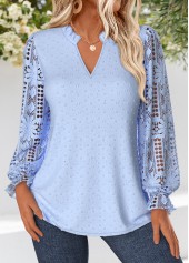 Sky Blue Curved Hem Long Sleeve Split Neck Blouse | thumb picture 