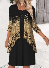 Black Tummy Coverage Ombre Bracelet Sleeve Dress and Cardigan