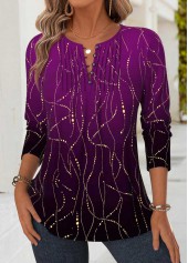 Purple Tummy Coverage Ombre Long Sleeve Split Neck Blouse